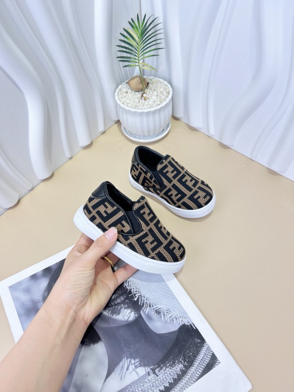 2024 Kids Fendi Black Brown Canvas Slip-On Shoes