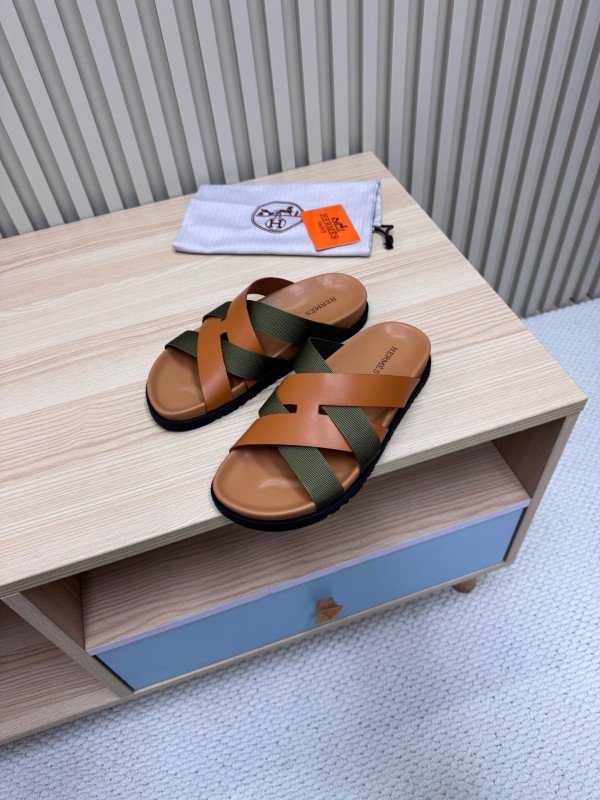 2025 Slippers Hermès Brown Green Leather Fabric Slippers