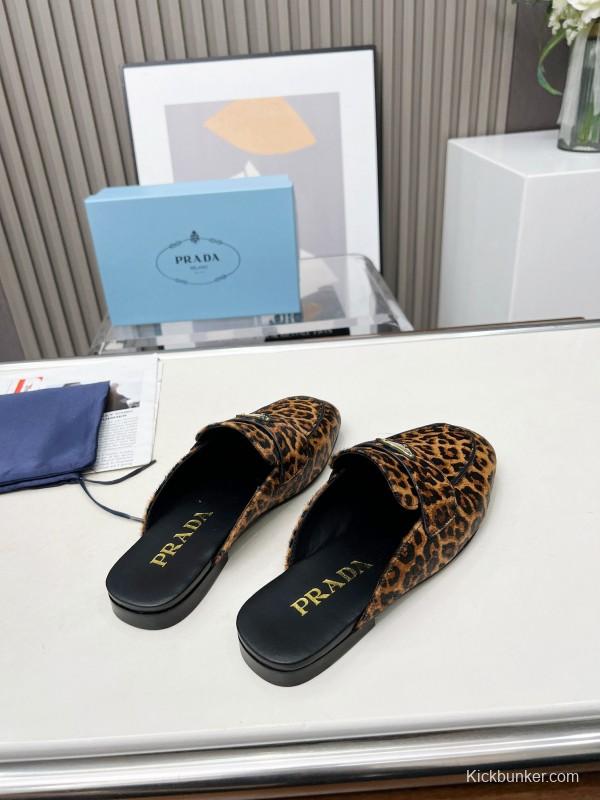 2025 Women Prada Leopard Calf Hair Slippers LY00260
