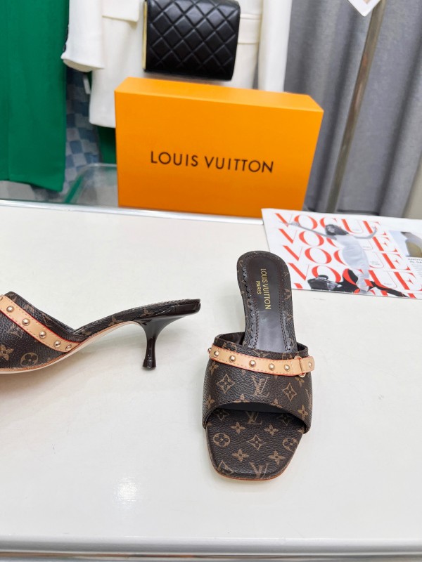 2025 Women Louis Vuitton Brown Leather Kitten Heel Mules LY00260