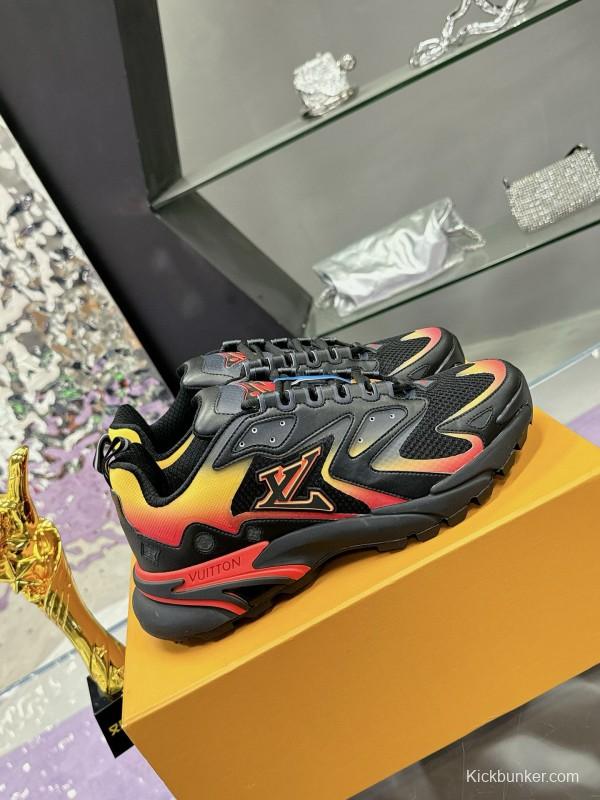 2025 Men Louis Vuitton Black Yellow Orange Mesh Leather Sneakers MJ00420