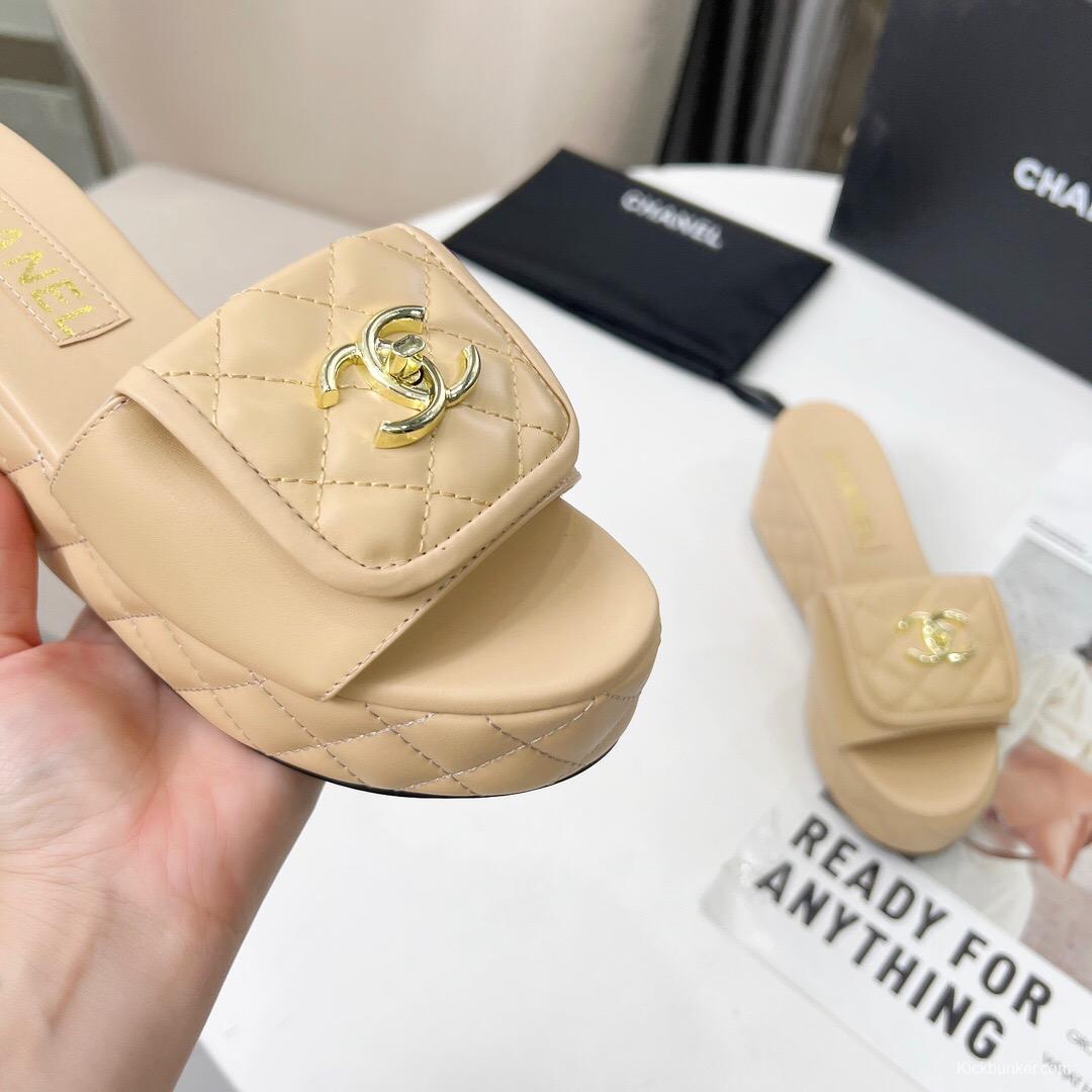 2025 Women Chanel Beige Leather Platform Slide Sandals