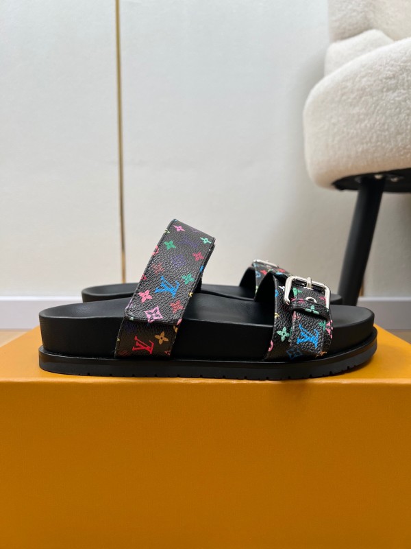2025 Women Louis Vuitton Black Rainbow Canvas Slippers KFY00280