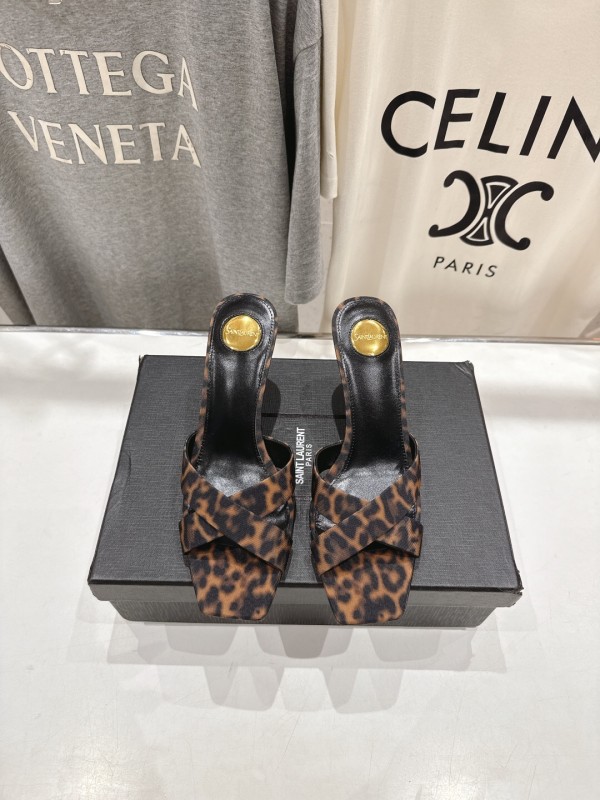 2025 Women Yves Saint Laurent Leopard Print Leather High Heel Sandals