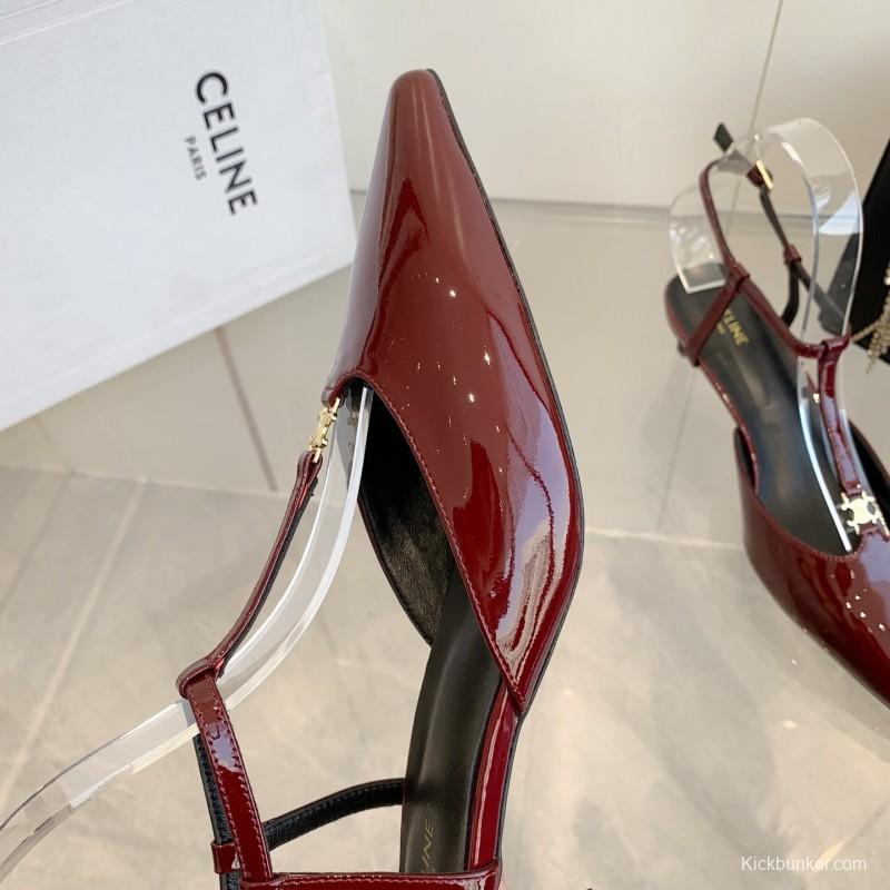 2025 Women Celine Red Patent Leather T-Strap Low Heel