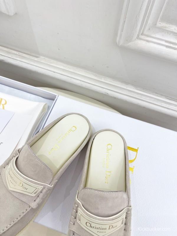 2025 Women Dior Beige Suede Mule Loafers Vintage Style Handmade LY00360(F)