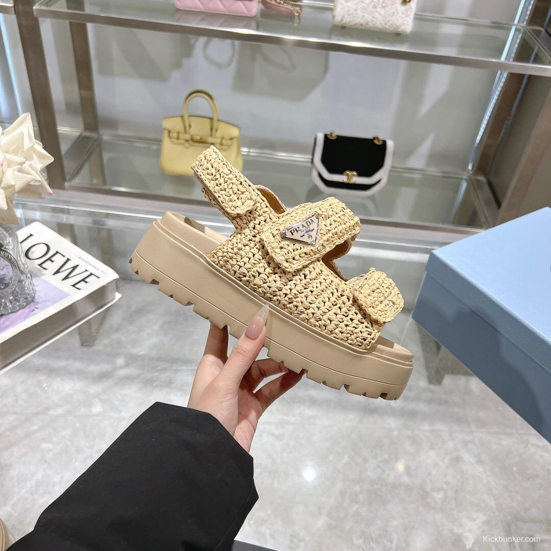 2025 Women Prada Beige Woven Leather Platform Sandals