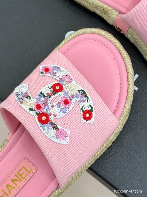 2025 Slippers Chanel Pink Canvas Embroidered KFY00230