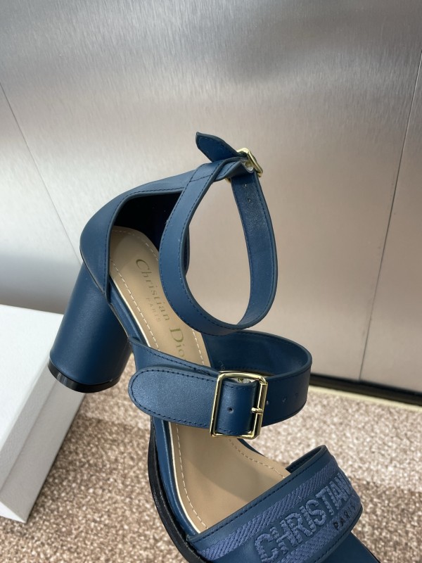 2025 Women Dior Navy Blue Leather Sandals Ankle Strap KFY00310