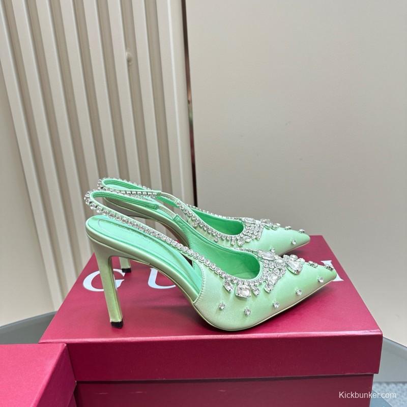 2025 Women Gucci Light Green Satin High Heel Slingback Rhinestone MJ00340