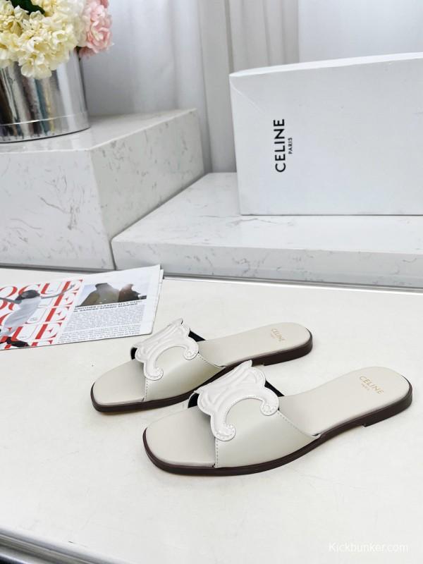 2025 Women Celine White Leather Slippers