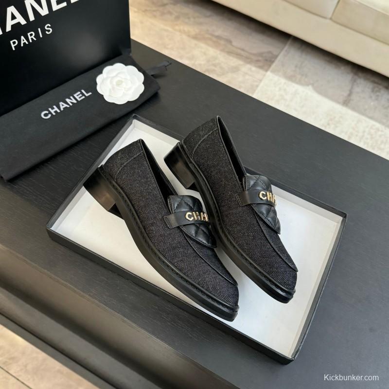 2025 Women Chanel Black Leather Canvas Loafers KFY00310