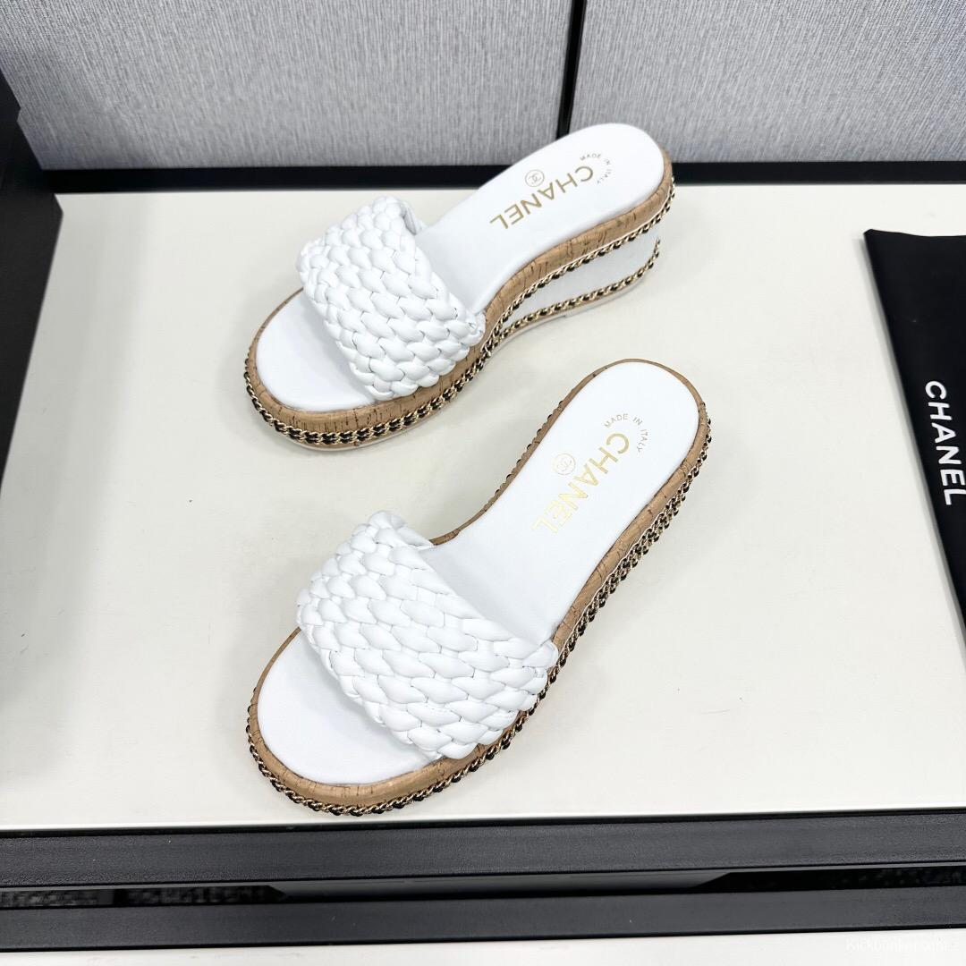 2025 Women Chanel White Leather Wedge Sandals