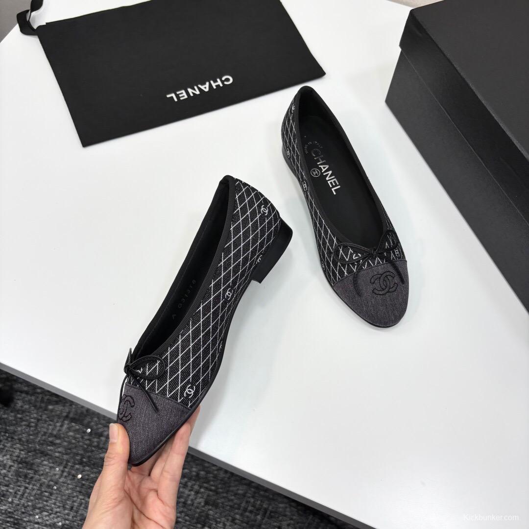 2025 Women Chanel Black Grey Fabric Leather Ballet Flat LY00360