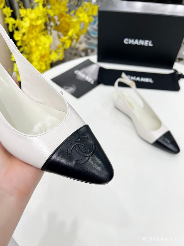 2025 Women Chanel White Black Leather Slingback Flats