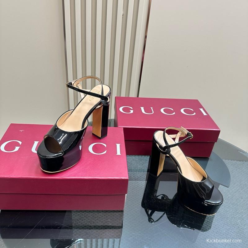2025 Women Gucci Black Patent Leather Platform Sandals MJ00340