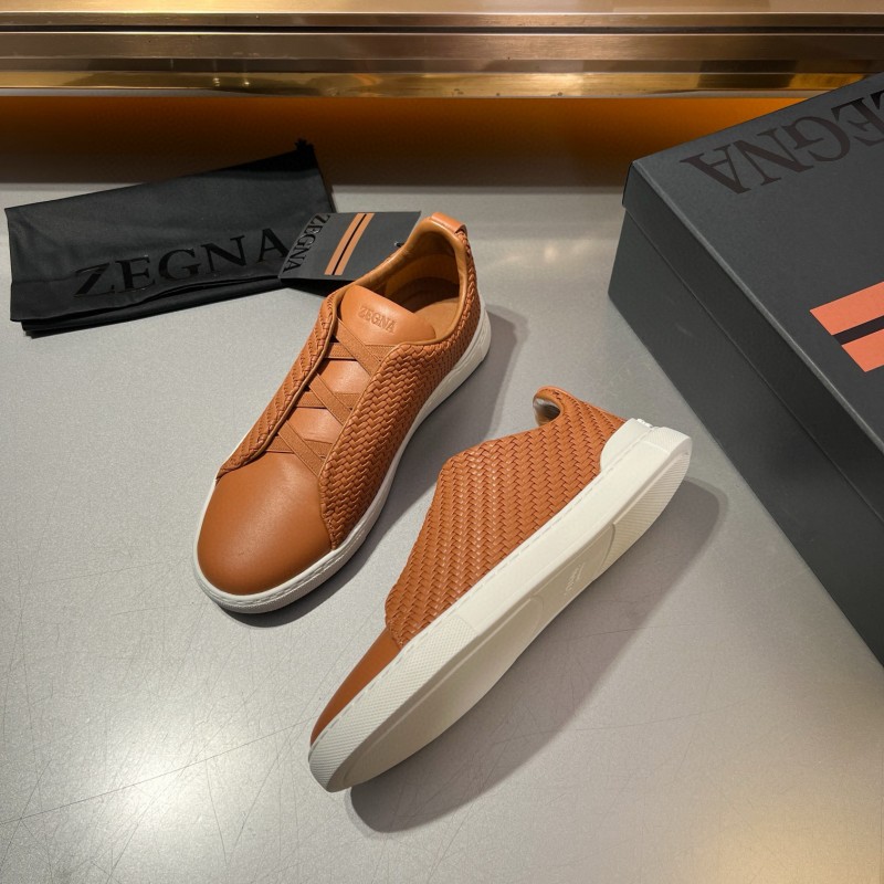2024 Men Ermenegildo Zegna Brown Leather Woven Sneakers