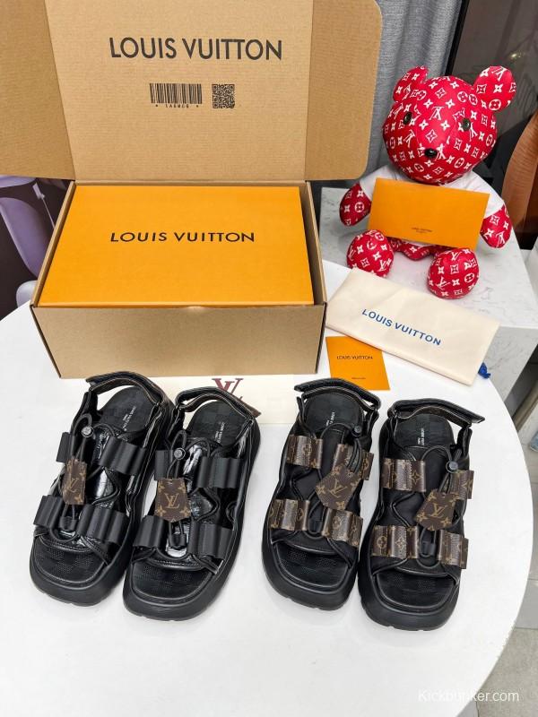 2025 Women Louis Vuitton Black Leather Fabric Sandals LV00310