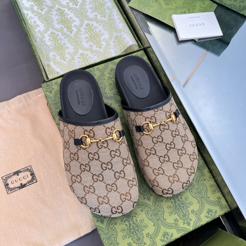 2024 Slippers Gucci Beige Brown Leather GG Pattern MJ00280