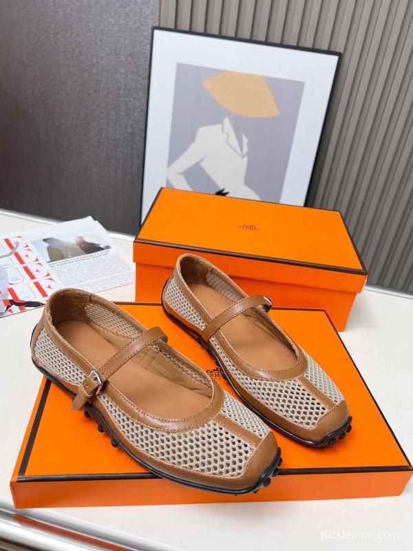 2025 Women Hermès Beige Mesh Leather Mary Jane LY00230