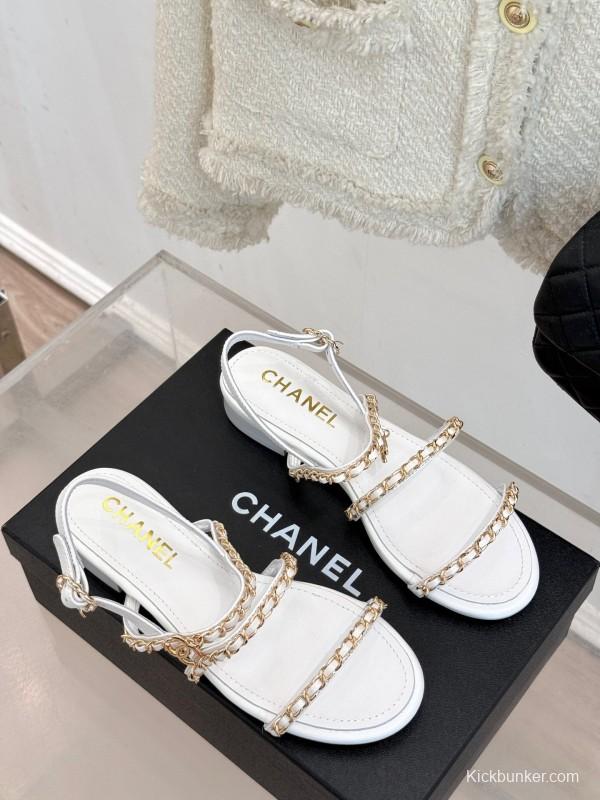 2025 Women Chanel White Leather Chain Strap Sandals