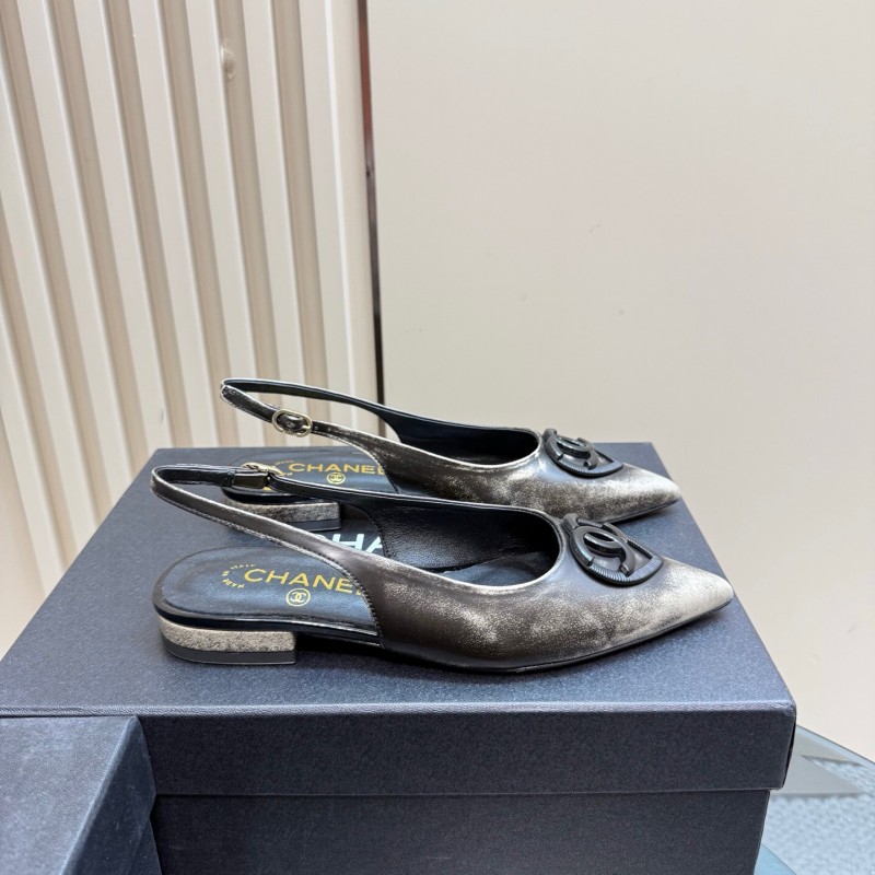 2025 Women Chanel Black Silver Satin Sandals KFY00290