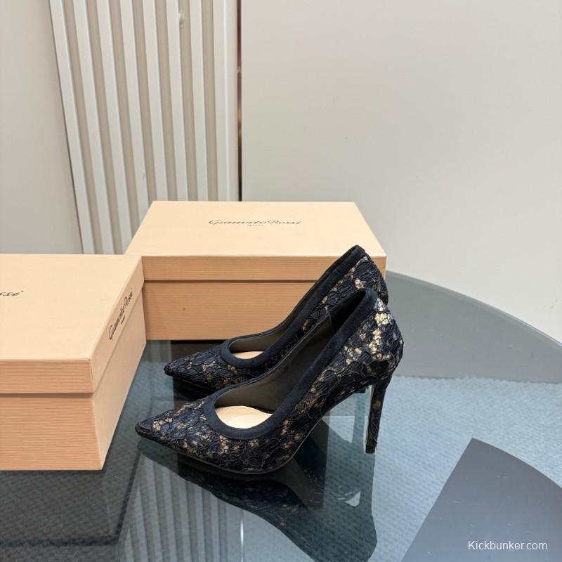 2025 Women Gianvito Rossi Black Lace Leather High Heel KFY00280