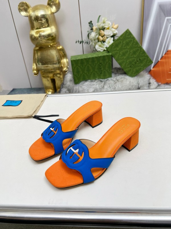 2025 Gucci Orange Blue Leather Slippers