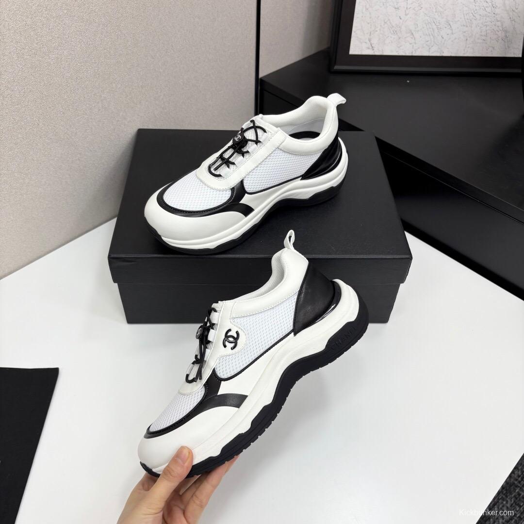 2025 Unisex Chanel White And Black Silk Leather Panda Sneakers With Embroidery Detail CHN2025