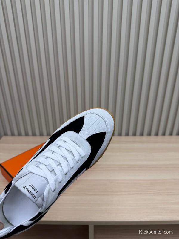 2025 Unisex Hermès White Black Suede Goat Leather Sneakers Top Version LY00310