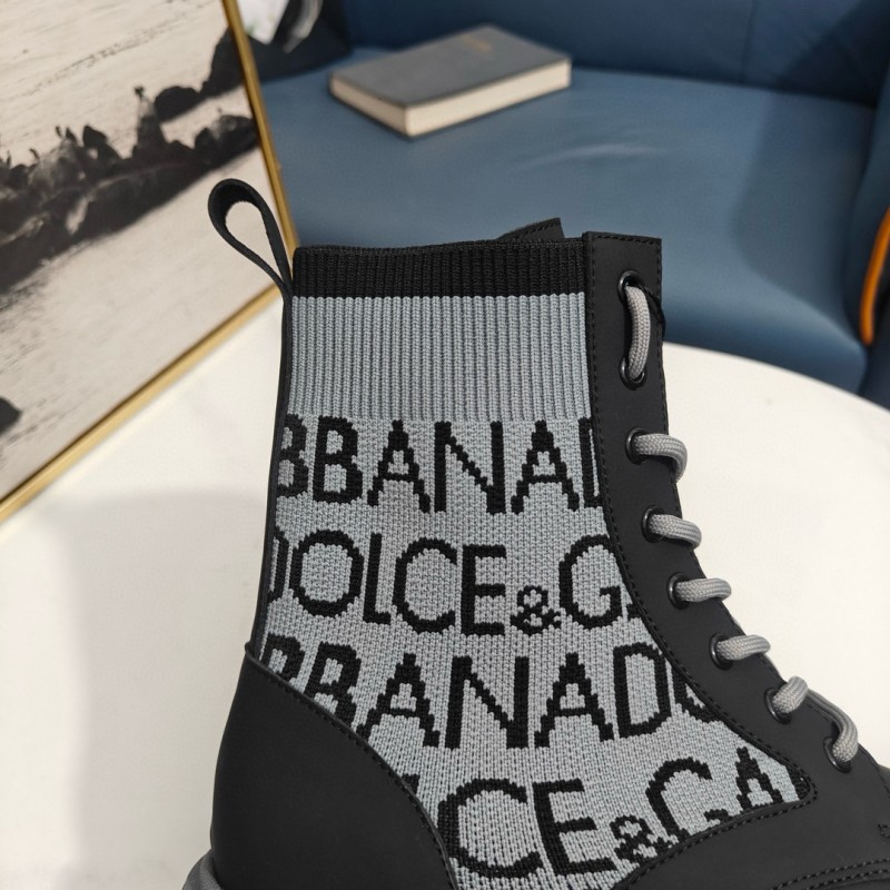 2024 Unisex Dolce & Gabbana Black Light Grey Fabric Leather Boots