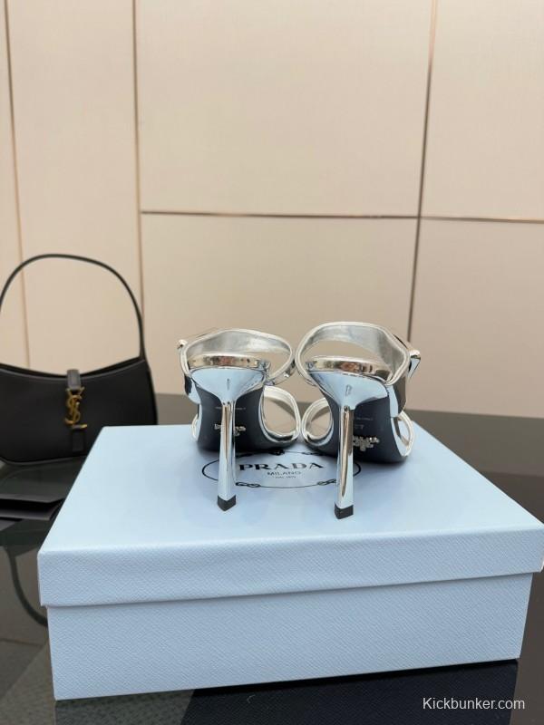 2025 Women Prada Silver Leather Pointed Toe Sandals