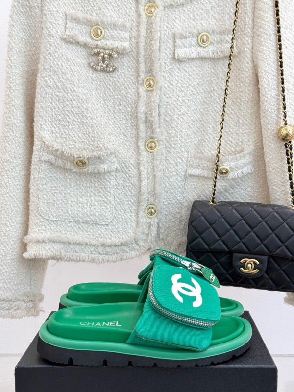 2025 Slippers Chanel Green Canvas Women Slippers KFY00220