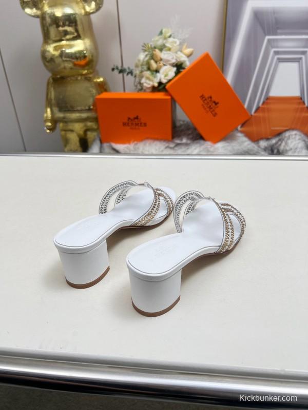 2025 Herme* White Leather Slippers Classic H Pattern MJ00180/215