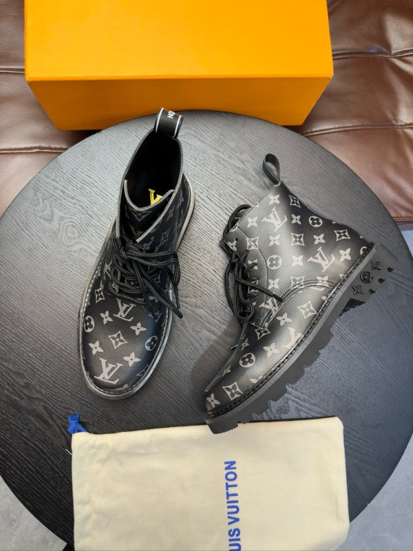 2024 Men Louis Vuitton Black Monogram Leather High Top Boots MJ00440