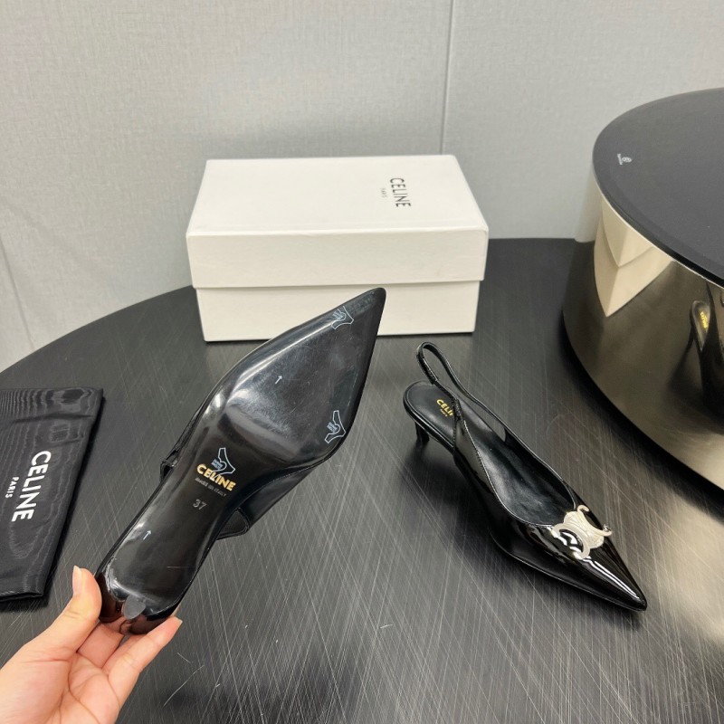 2025 Women Celine Black Patent Leather Slingback Heels KFY00290