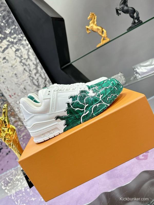 2024 Unisex Louis Vuitton Green White Leather Plimsolls Hand-Painted MJ00780