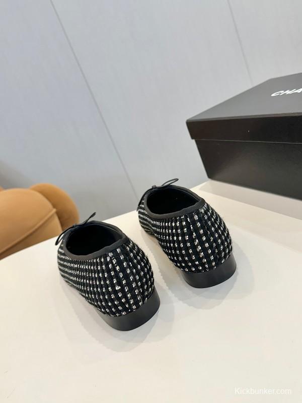 2025 Women Chanel Black White Wool Leather Ballet Flat LY00250