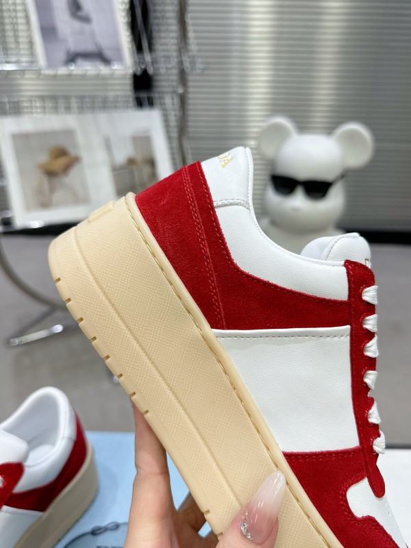 2025 Women Prada Red White Leather Sneakers KFY00310