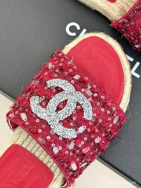 2025 Women Chanel Red Sequin Espadrille Slides Classic Craftsmanship KFY00240(F)