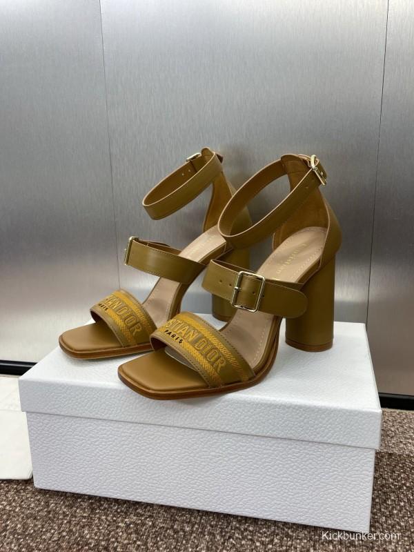 2025 Women Dior Yellow Leather Embroidered High Heel Sandals