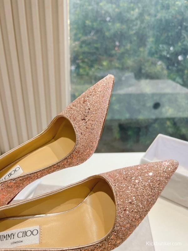2025 Women Jimmy Choo Pink Glitter Leather Pointed Toe Pumps KFY00280