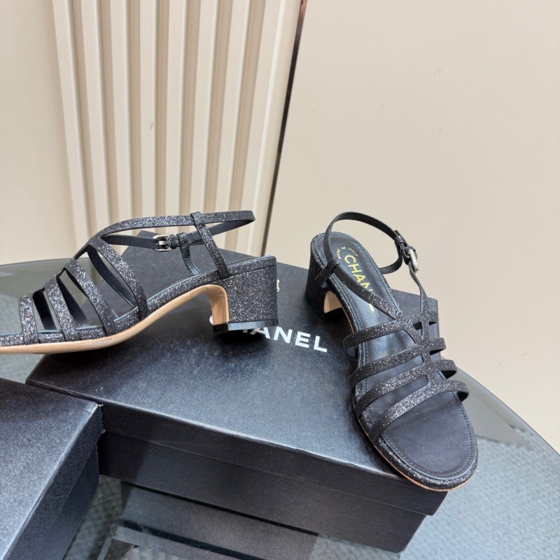 2025 Women Chanel Black Leather Sandals KFY00290