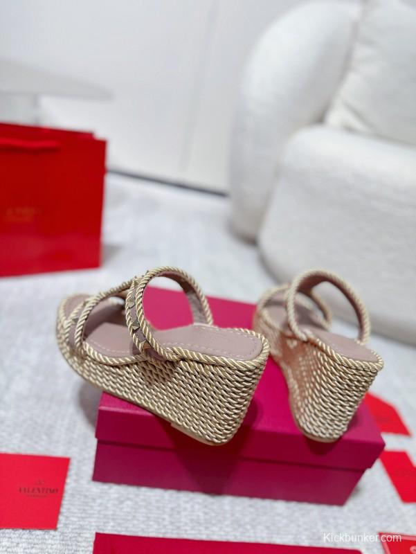 2025 Women Valentino Beige Rope Leather Wedge Sandals LY00290