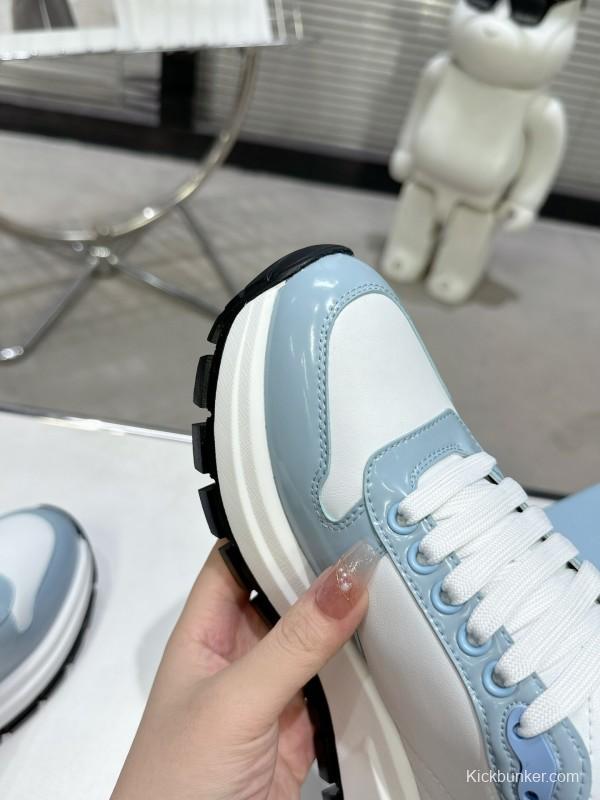 2025 Women Prada Light Blue White Leather Sneakers KFY00310