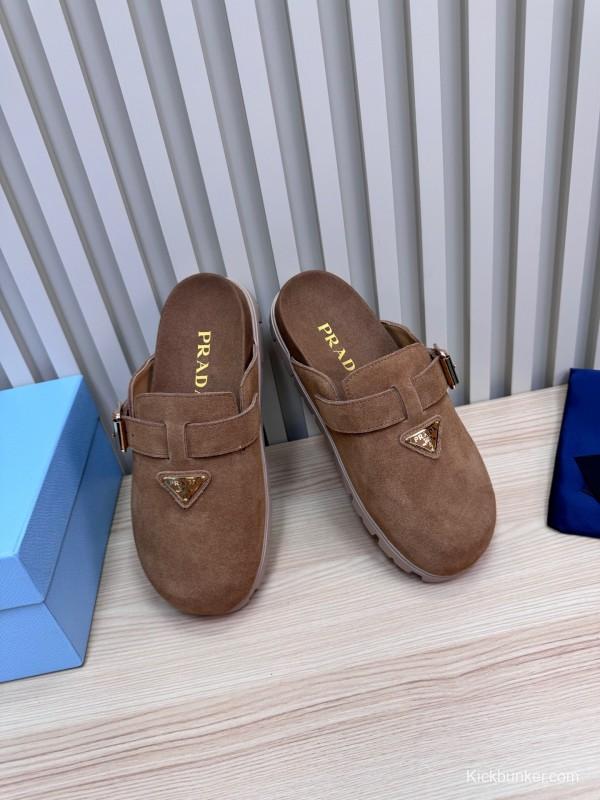 2025 Slippers Prada Brown Suede Slippers LY00280
