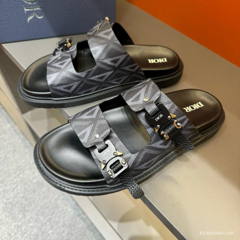 2024 Men Dior Black Grey Canvas Leather Slippers MJ00200