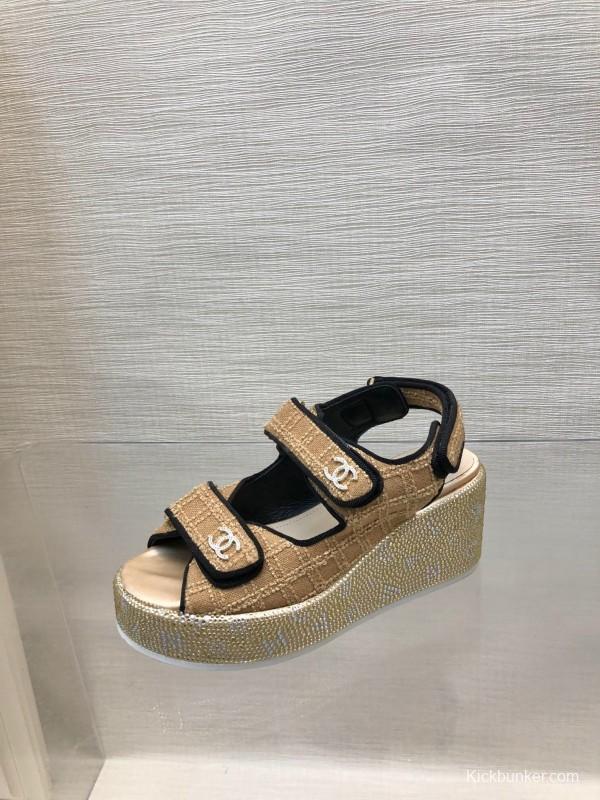 2025 Women Chanel Beige Black Leather Sandals Platform Thick Sole LY00330