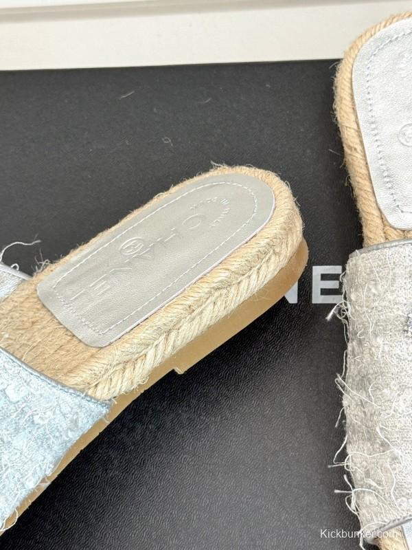 2025/Women Chanel White Lace Espadrille Slides Handmade Craft KFY00240(F)