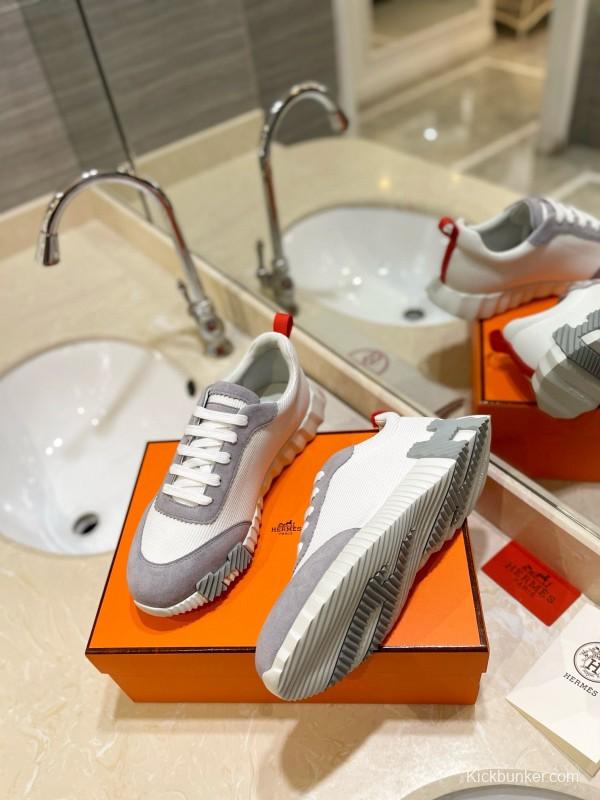 2024 Women Hermès white gray mesh suede sneakers